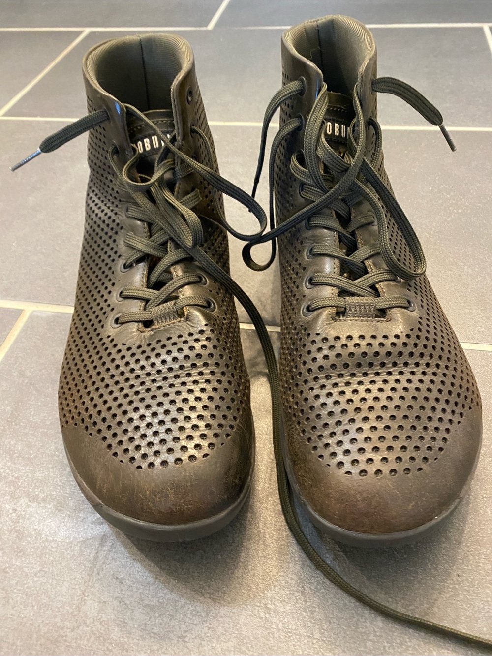 NOBULL Size 13 Dark Bronzed Olive Perforated Lace-Up Leather Trainers